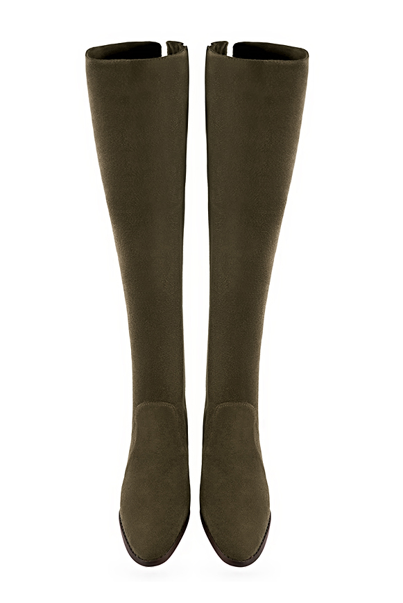 Khaki green women's leather thigh-high boots. Round toe. Flat leather soles. Made to measure. Top view - Florence KOOIJMAN
